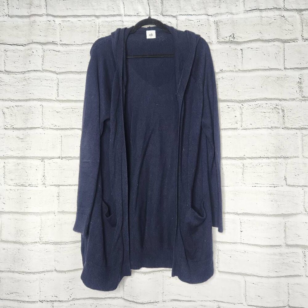 Cabi Women Navy Blue Open Front Cotton Blend Hooded Cardigan Sweater Medium 5275
